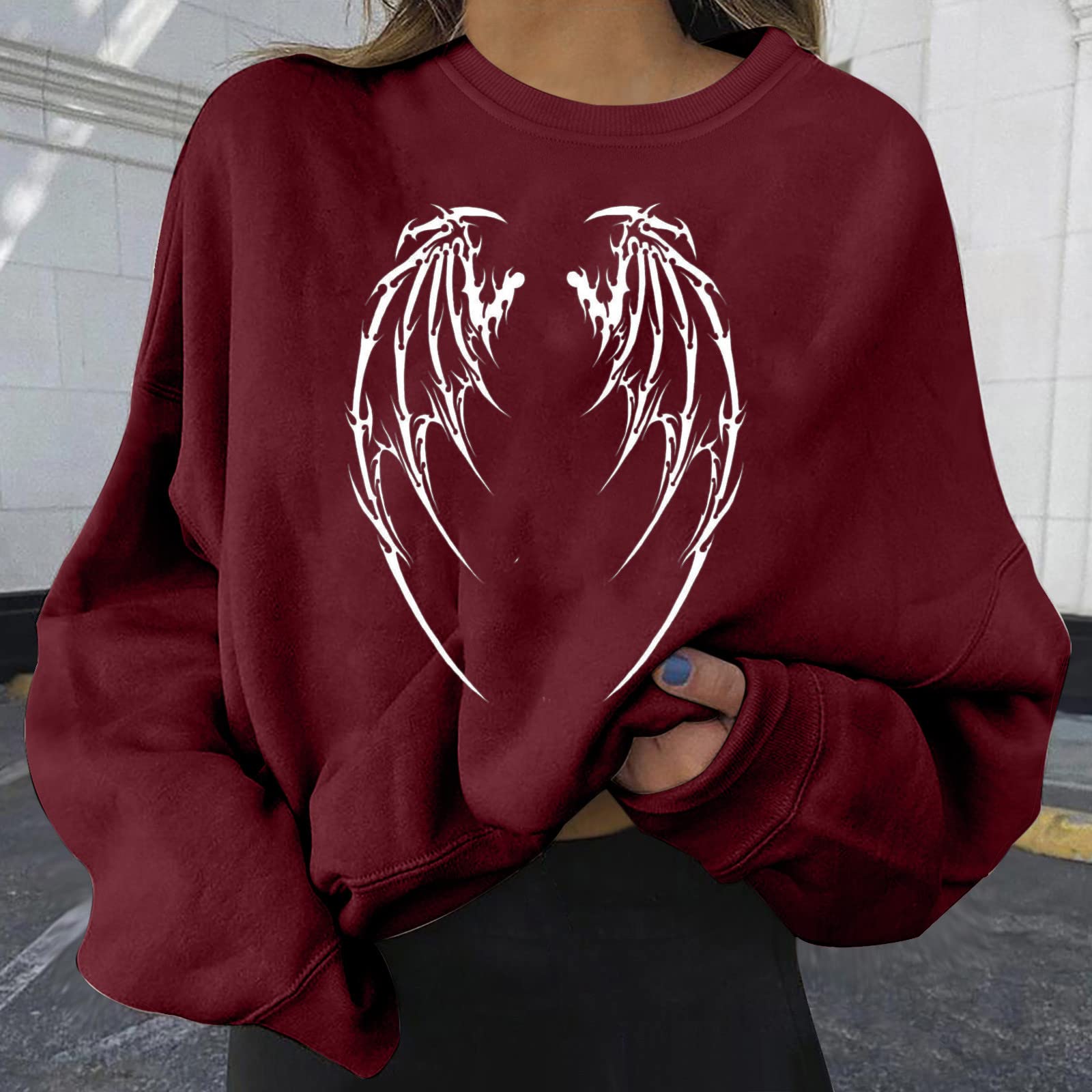Bluza damska z okrągłym dekoltem 2022, gotycka grafika, długie rękawy, luźna, krótka, bluza na Halloween, top, A1_wine, 38