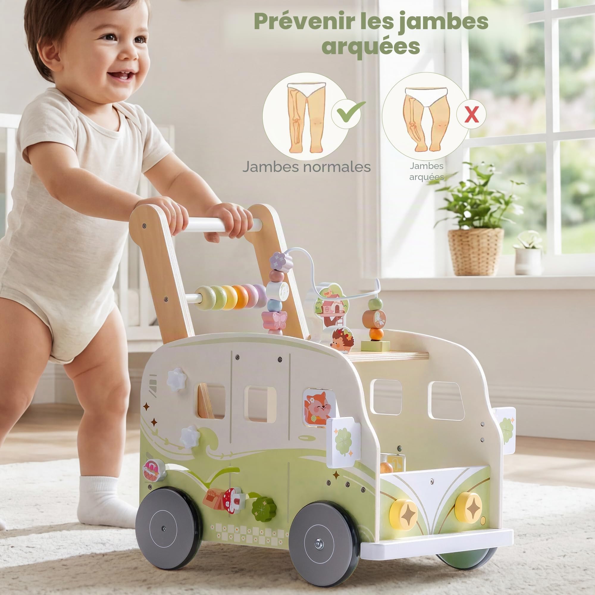 ROBOTIME Poussette d'apprentissage en bois multifonctionnelle avec réglage de la hauteur et contrôle de la vitesse, cadeau pour les tout-petits de 10 à 36 mois (animaux de la jungle vert)