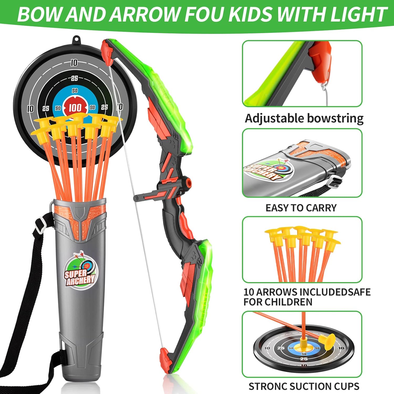 SmartChef Bow and Arrow for Kids with LED Flash Lights - Kids Archery Set Includes 10 Suction Cups Arrows, Target, and Quiver - for 3 4 5 6 7 8 Year Old Boys Girls (Green) : Sports & Outdoors