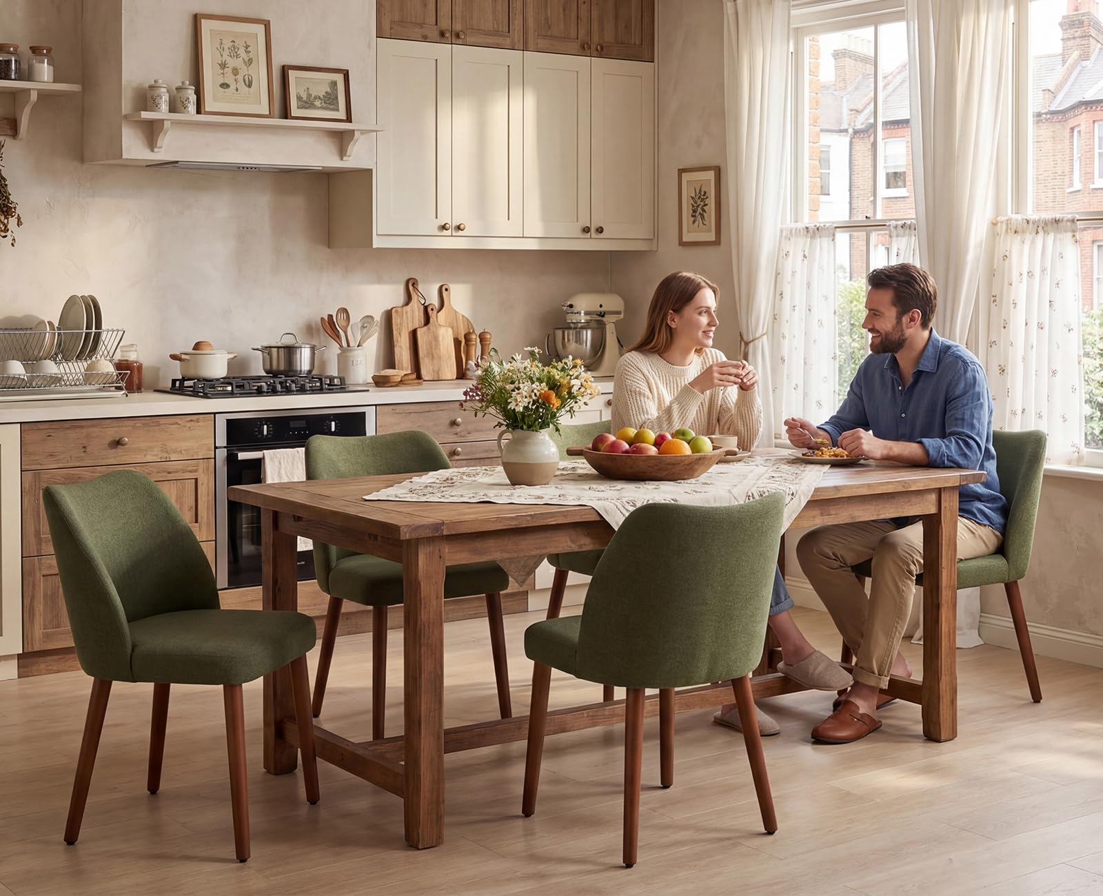 chairus 2 PZ Sedie da Pranzo in Tessuto di Lino con Gambe in Legno, Verde | Sedia Cucina con Schienale Curvo Sedia Imbottita Sedie Moderna per Sala da Pranzo/Soggiorno/Ristorante