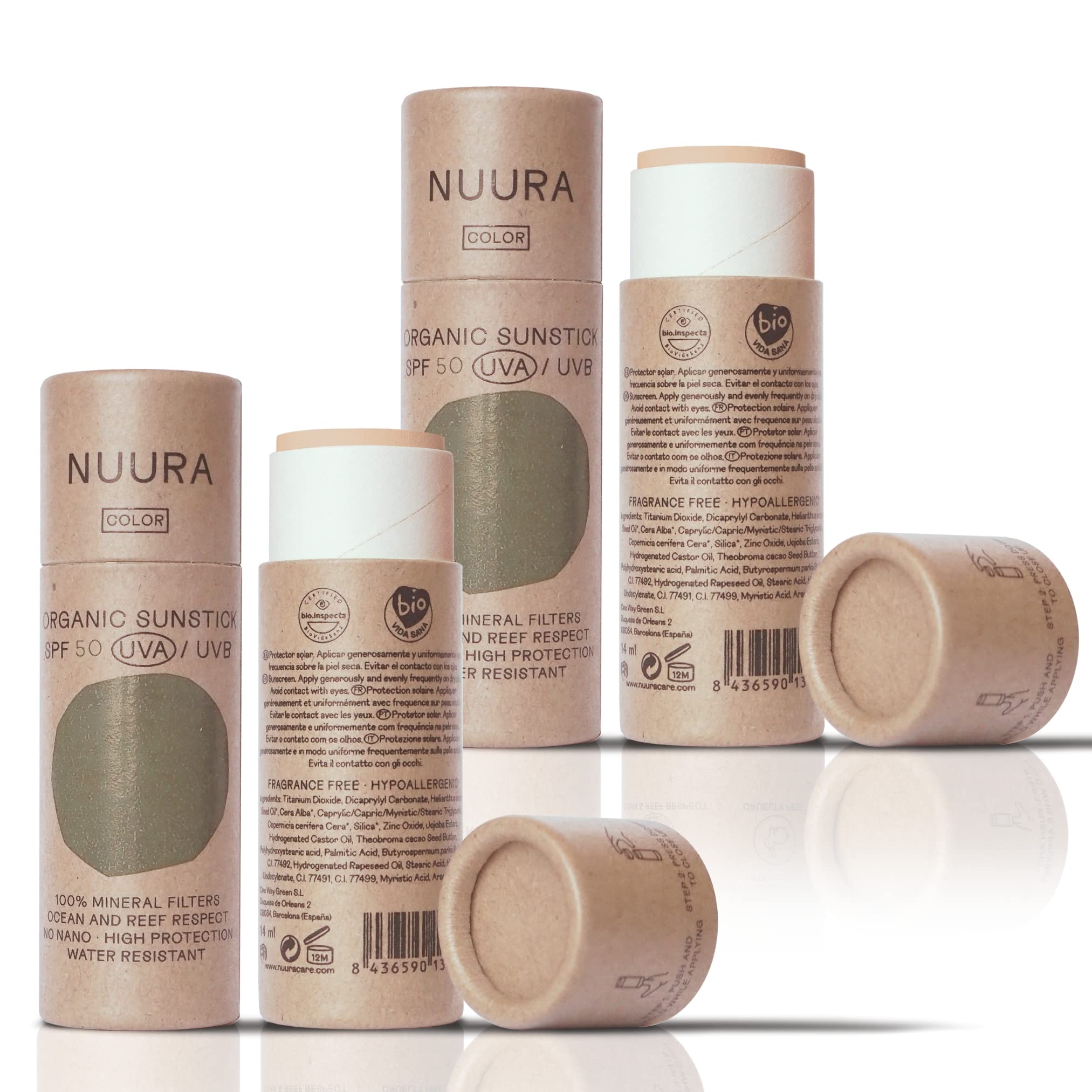 NUURA - Stick Solar Ecológico SPF 50 UVA/UVB con Color - Protección Solar Orgánica Certificada - Biodegradable, Respetuoso con los Océanos - Para Pieles Sensibles, Crema, 18 ml