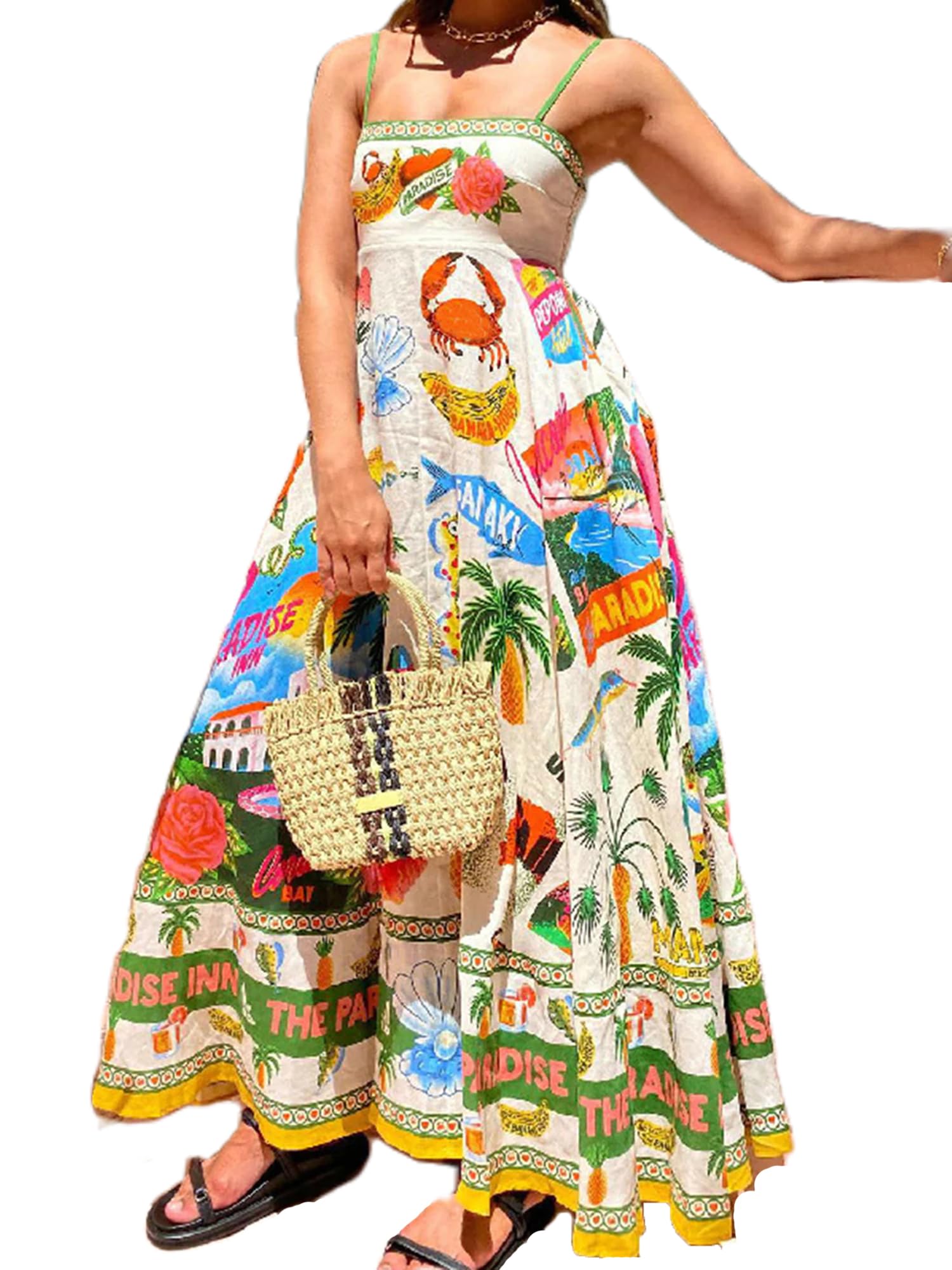 YILEEGOOWomen Summer Spaghetti Strap Boho Long Maxi Dress Ethnic Snake Print Casual Sleeveless Maxi Cami Dress