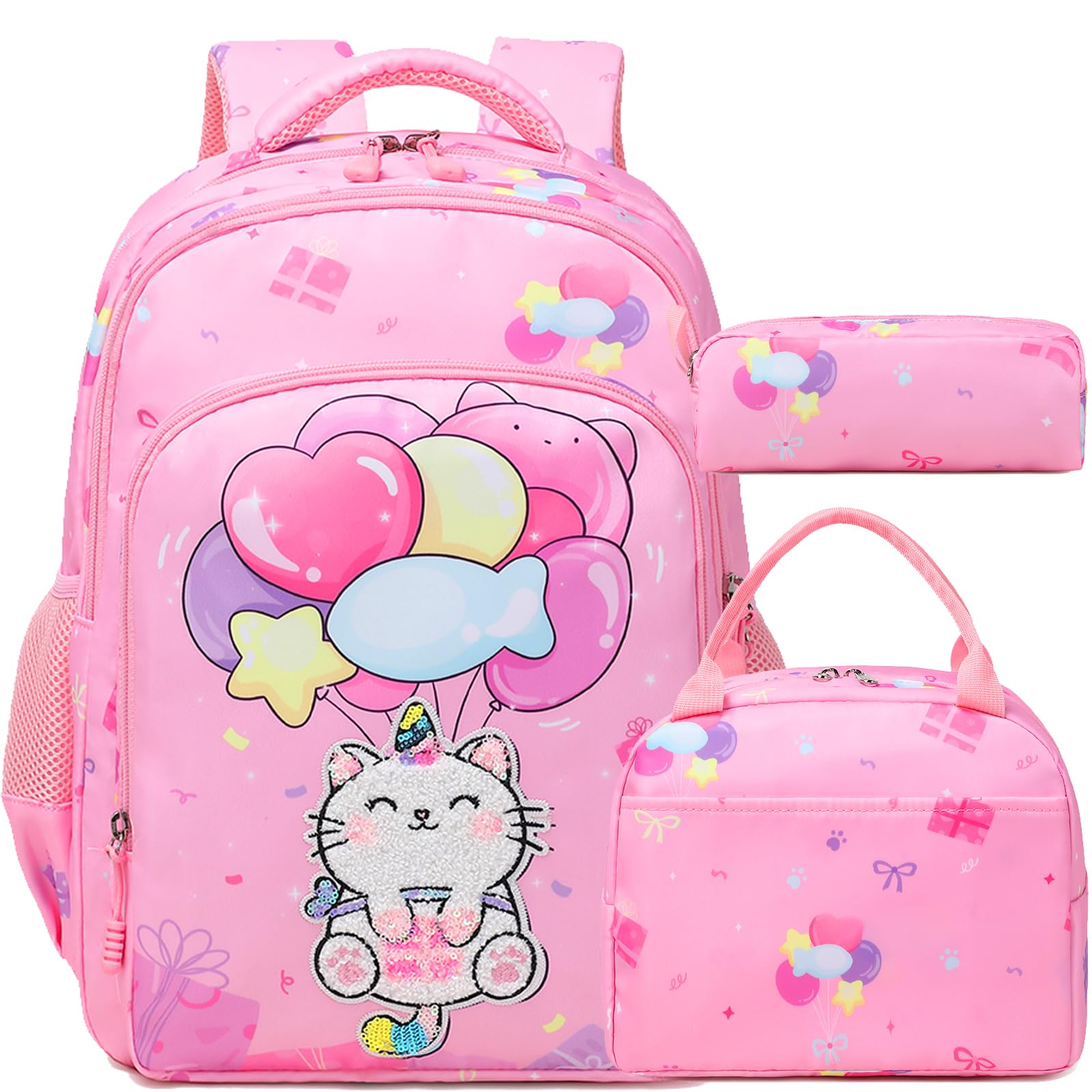 Jumpopack Cat Unicorn Backpack for Girls Kids Elementary School Bag Bookbag Girls Backpack with Lunch Box and Penci Case