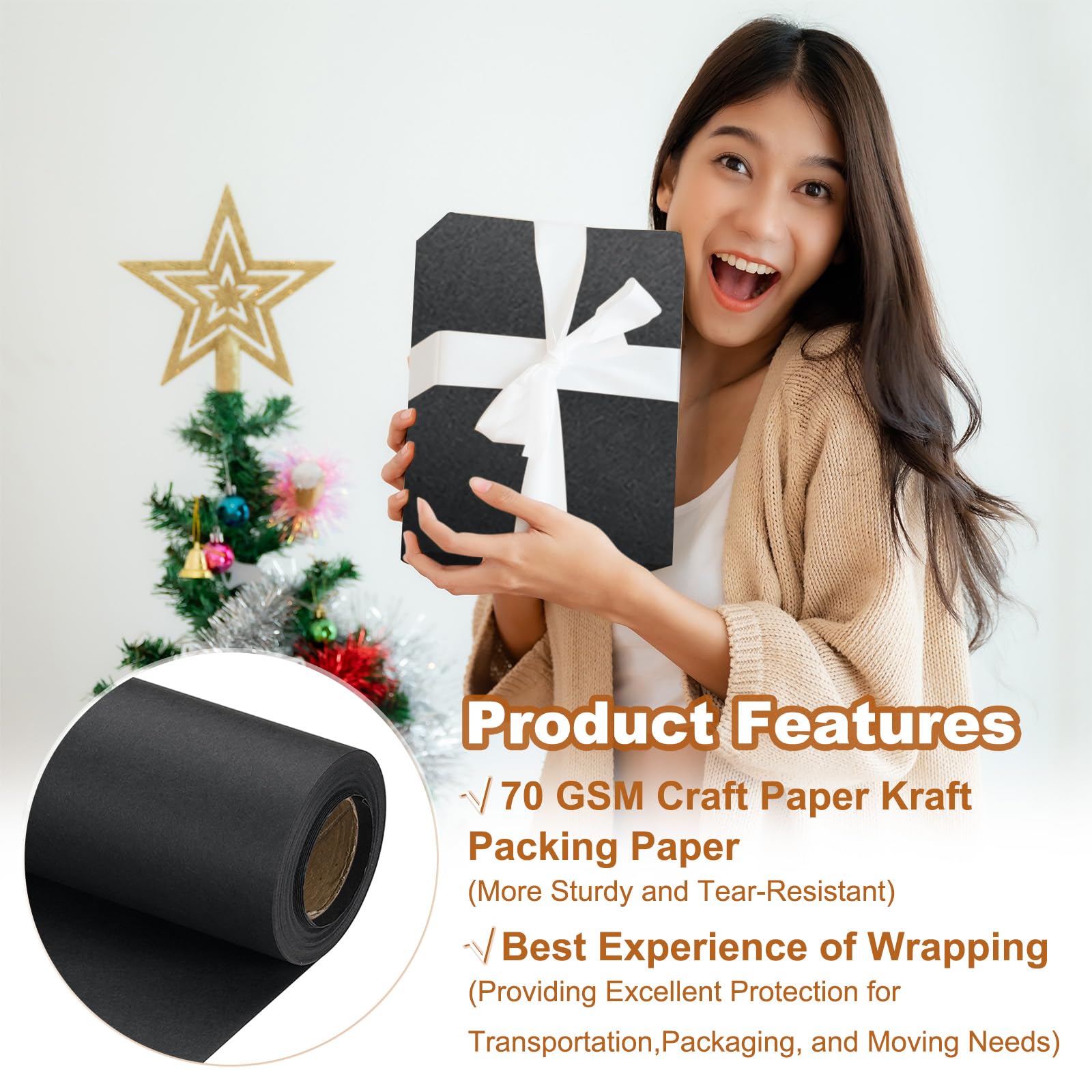 Rollo De Papel De Regalo PATIKIL Papel De Envolver 15"x400" (33') 80 GSM Rollo De Papel Kraft Carton Pluma 100x70