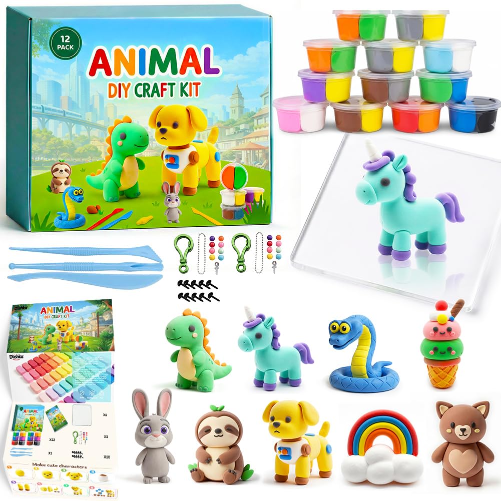 Dlishka DIY Snowman Craft Kit,Christmas Air Dry Clay Set for Kids,Creative Holiday Ornament Making Kit with Hats,Scarves & Accessories,Xmas Party Activities,Stocking Fillers & Fun Gifts. (DIY Animal)