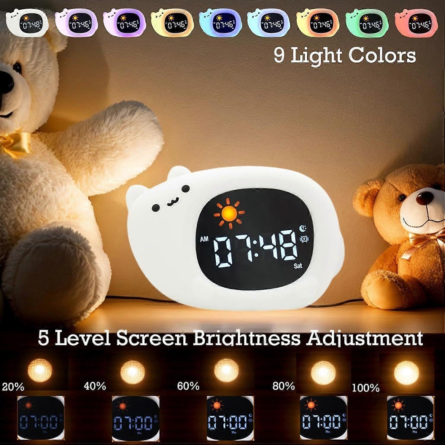 Nachtlichtwecker mit 9 Lichtfarben und 6 weißen Geräuschen, digitale Schlaftrainingsuhr, einstellbare Helligkeit und Klang, Geschenke für Kinder – Katze