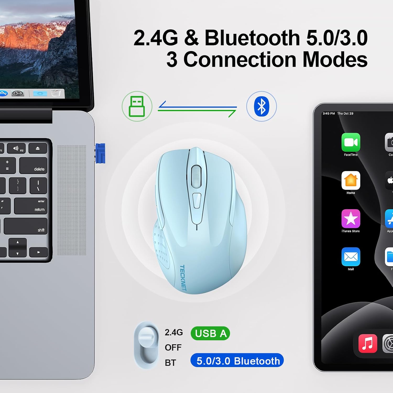 TECKNET Wireless Mouse showing 2.4G and Bluetooth connection modes