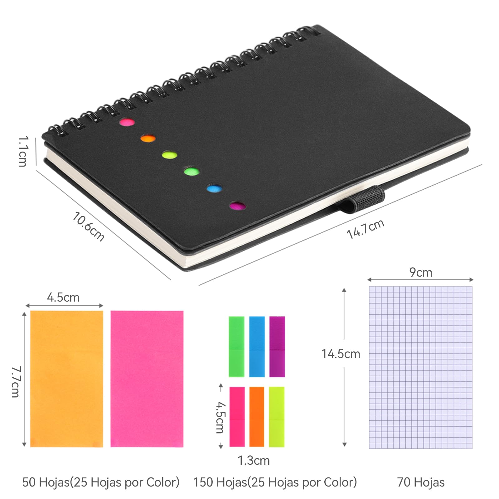 AGPTEK Libreta Pequeña A6 Cuaderno Espiral de Bolsillo con Notas Adhesivas de Colores, Bloc de Notas con Tapa Kraft para Estudio y Oficina