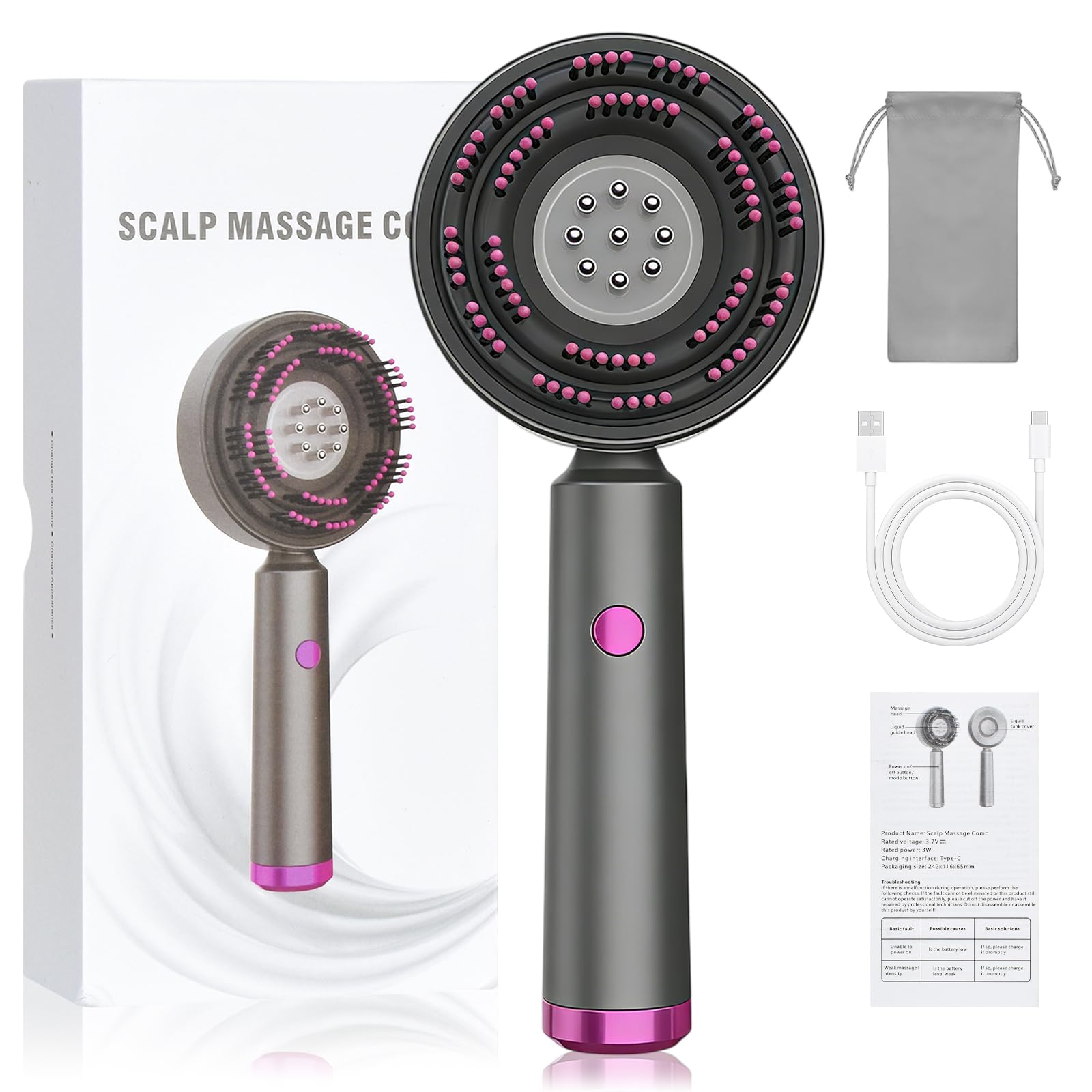 Colexy Electric Head Massager, 3-in-1 Scalp Massaging Brush with Head Massage Brush, Hair Oil Applicator, Red Light Therapy, 3 Modes for Hair Care, SPA, Relaxation, 360° Haircomb and Scalp Care (Grey)