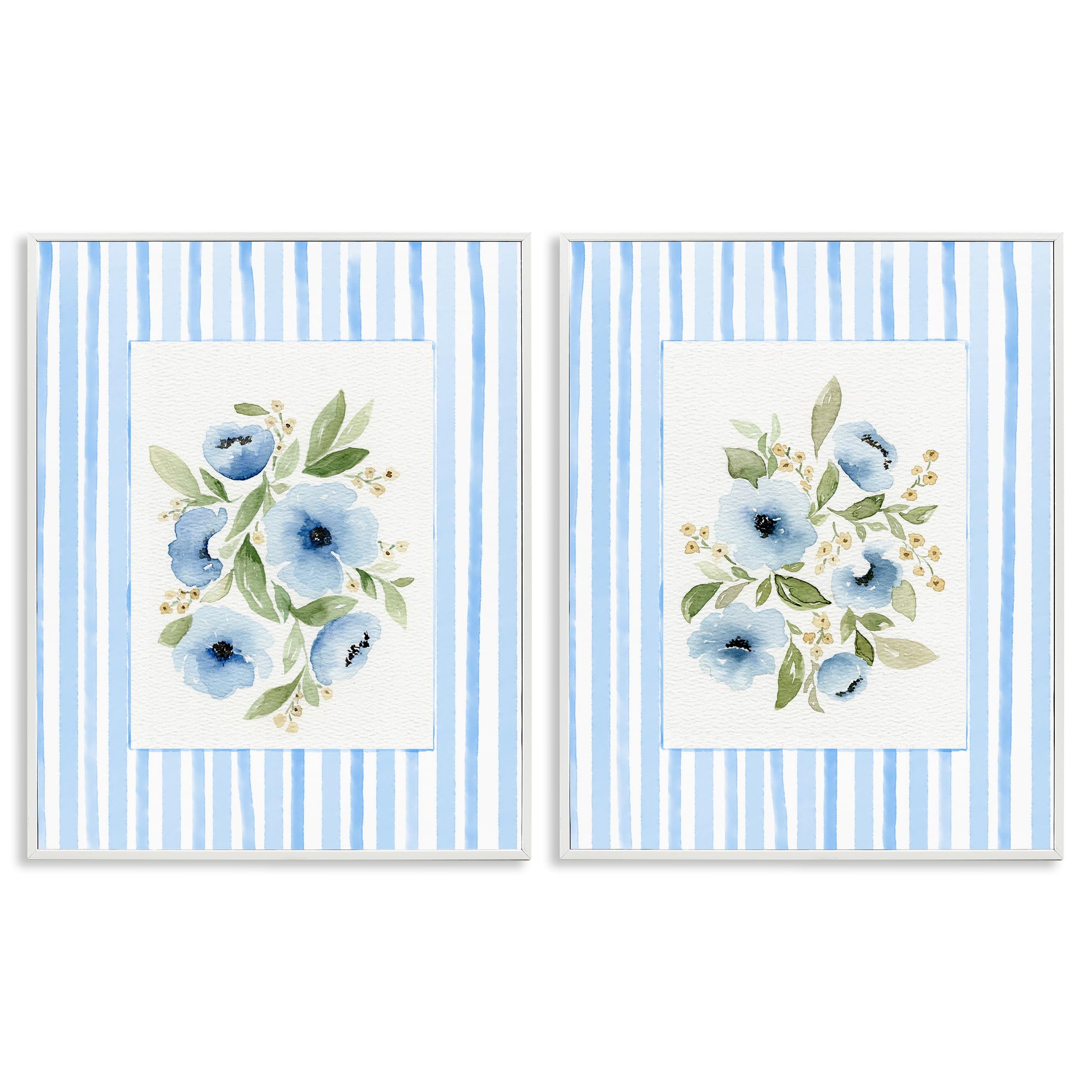 Stupell Industries Blue Floral Stripe Border 16 X 20 Inch Framed Giclée Print Set