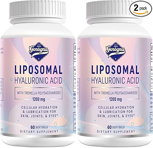Liposomal Hyaluronic Acid Supplements 1000mg-High Bioavailable Dietary Hyaluronic Acid Capsules-with 200 mg Tremella Polysaccharides for Double Strength Skin Hydration,Joint Lubrication,2 Pack