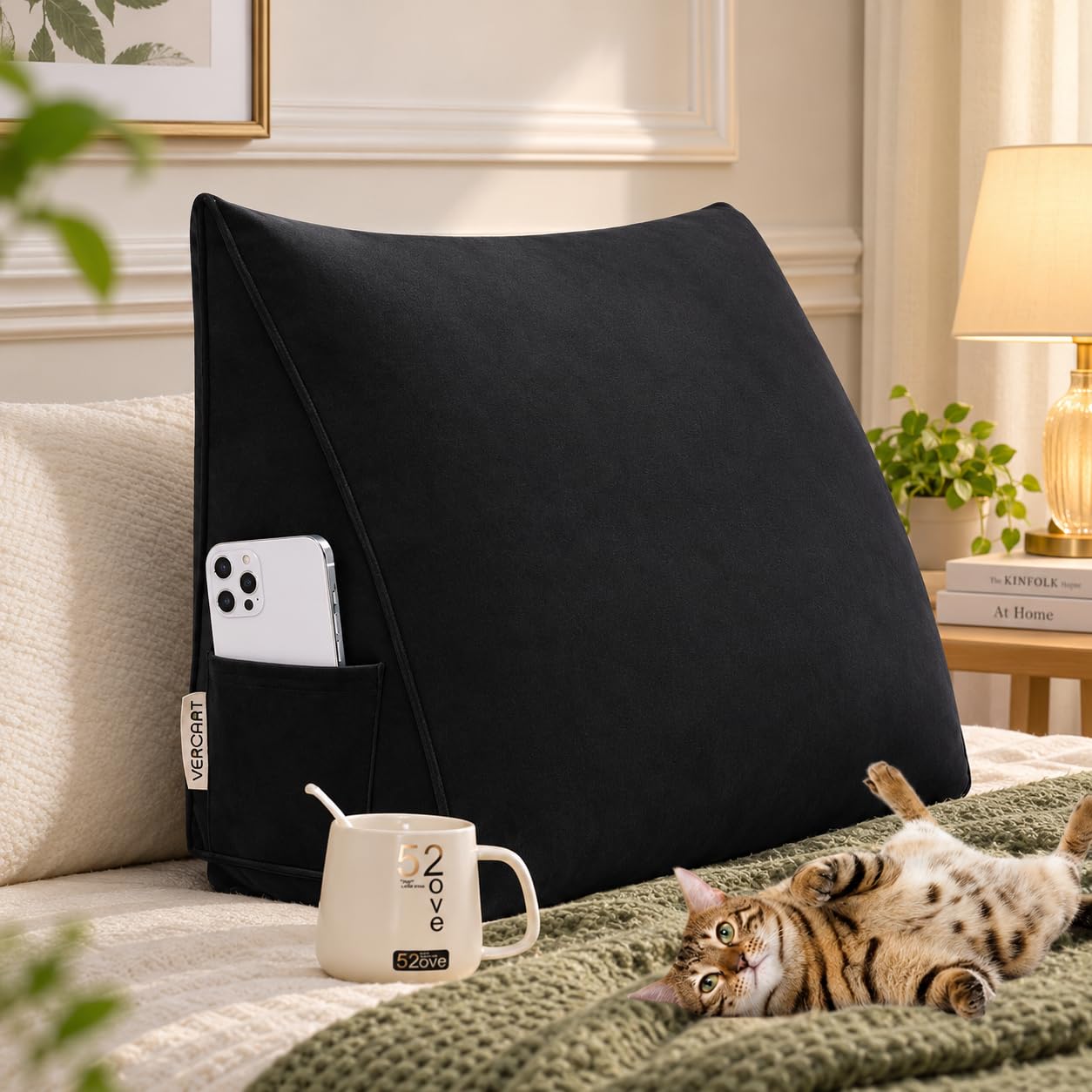 Rucener Großen Dreieckigen Kissen Hohen Rückenlehne Kissen Hohen Rückenlehne Kissen Rückenlehne für Bett Perfekt AlsKissen Zum Fernsehen und Lesen Gibt Es in Vielen Größen Schwarz 45CM
