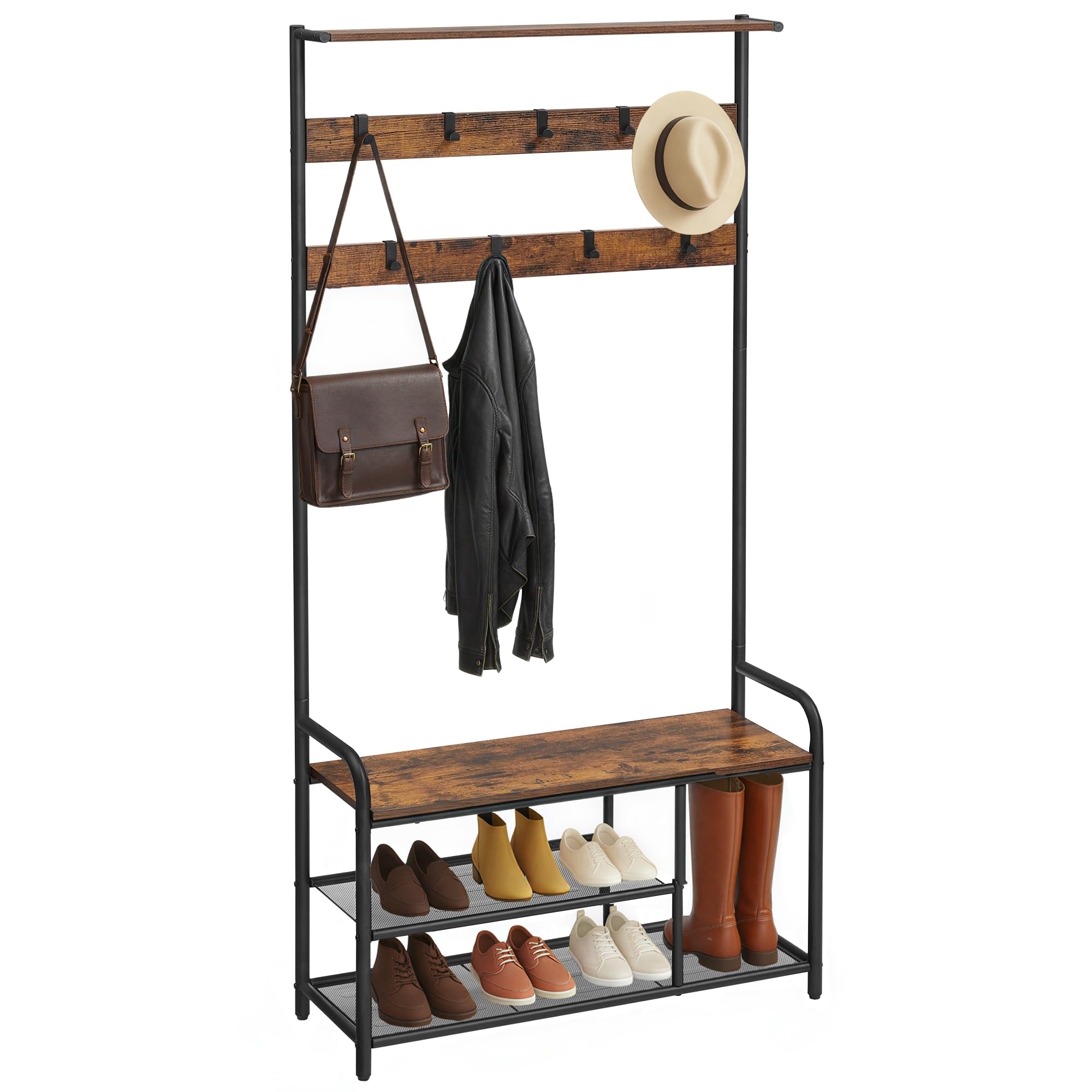 VASAGLE Coat Rack Stand, Hall Tree with Bench and Shoe Storage, 9 Removable Hooks, Shoe Rack, Shelf, 30 x 85 x 180.5 cm, for Hallway, Bedroom, Apartment, Industrial, Rustic Brown and Black HSR409B01