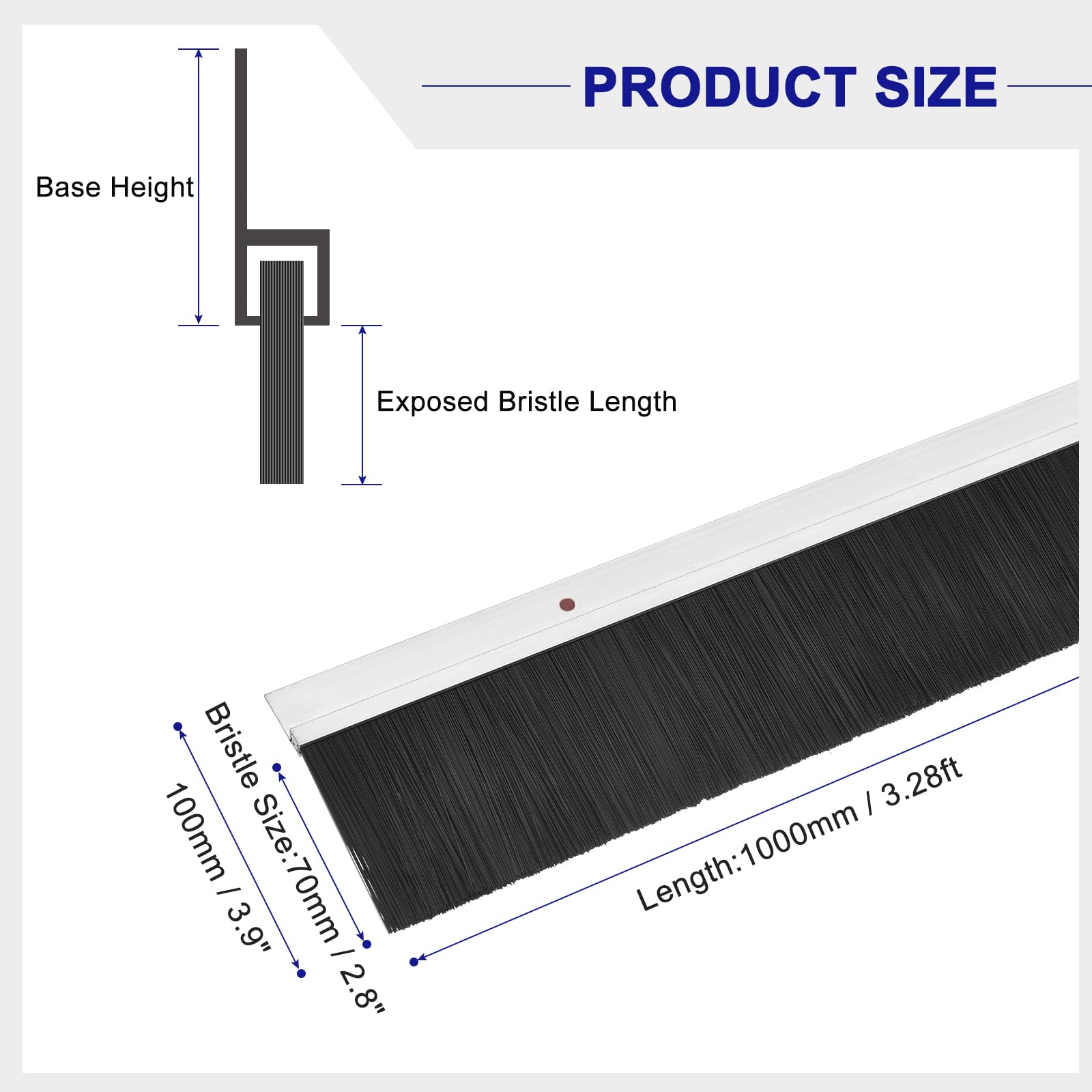sourcing map 2Pcs Cepillo de Puerta con Base de Aleación de Aluminio en Forma de H y Cerdas de Nylon de 70mm para Hogar, Industrial (1000mm L x 100mm A, Plata)