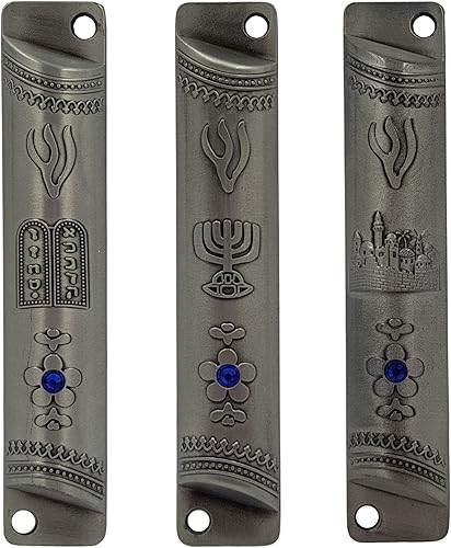 Juego de 3 fundas de mezuzah de Jerusalén con desplazamiento para puerta, diez mandamientos, siete ramas, menorah, mezuza de peltre Israel, 3.9in 4