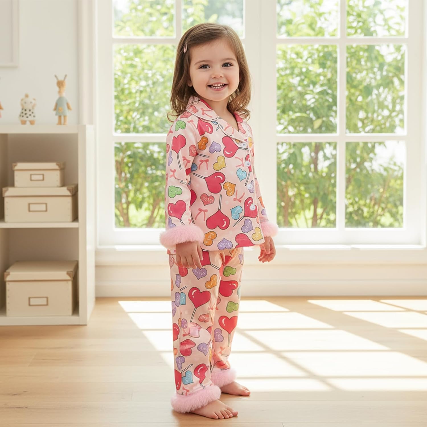 Toddler Girls Valentines Pajamas Bow/Heart Printed Lapel Button Up Long Sleeve Tops with Pants 2Pcs Cute Sleepwear - Image 2