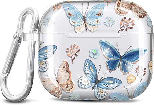 JAHOLAN Funda compatible con AirPods 3, funda transparente de mariposa, bonita funda protectora suave a prueba de golpes con llavero para mujeres y