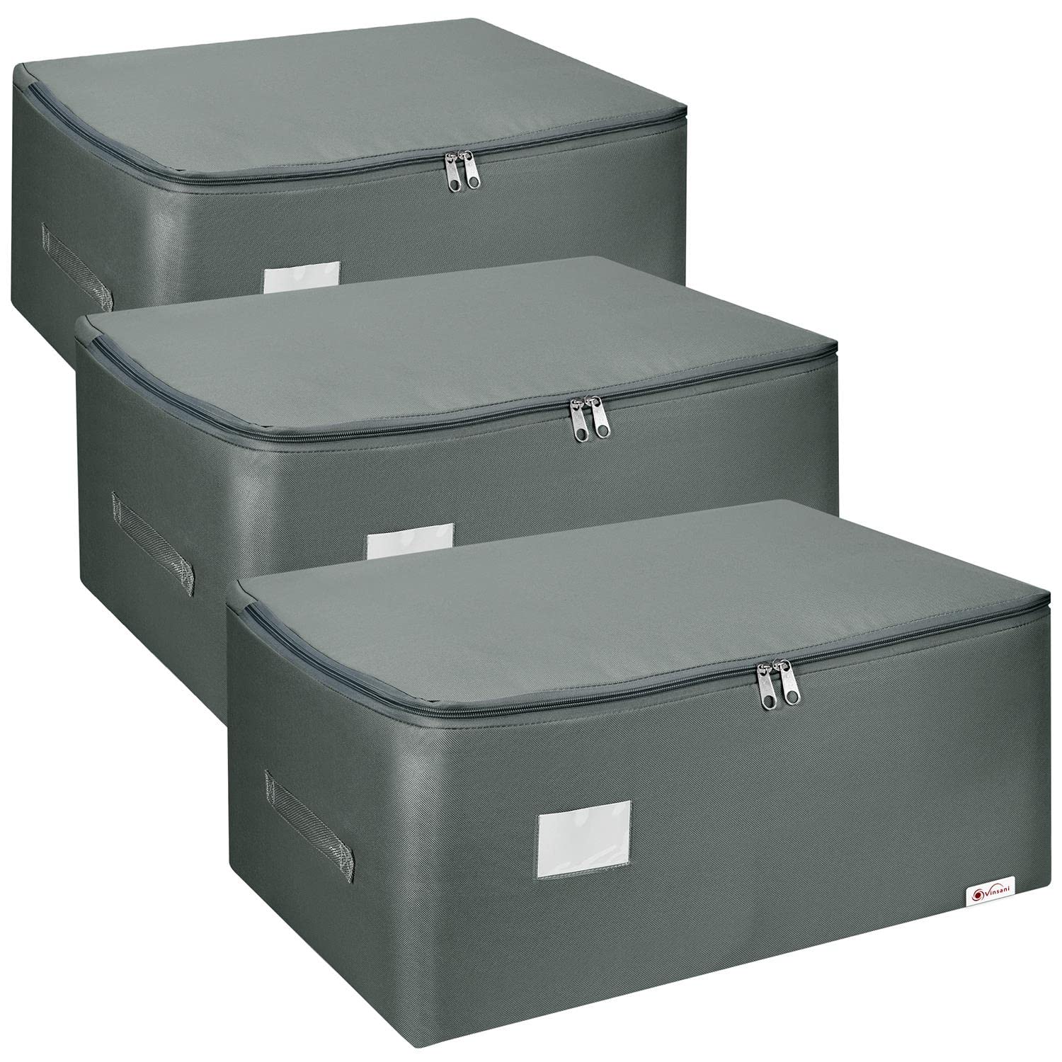 Vinsani Dark Grey - Set Of 3 3Pk Storage Bags Organiser 105L Huge Capacity Double Zipper Card Markings Strong Handles Moisture-Proof Underbed Storage Moving Bag For Clothes Toys Beddings Comforter Dark Grey
