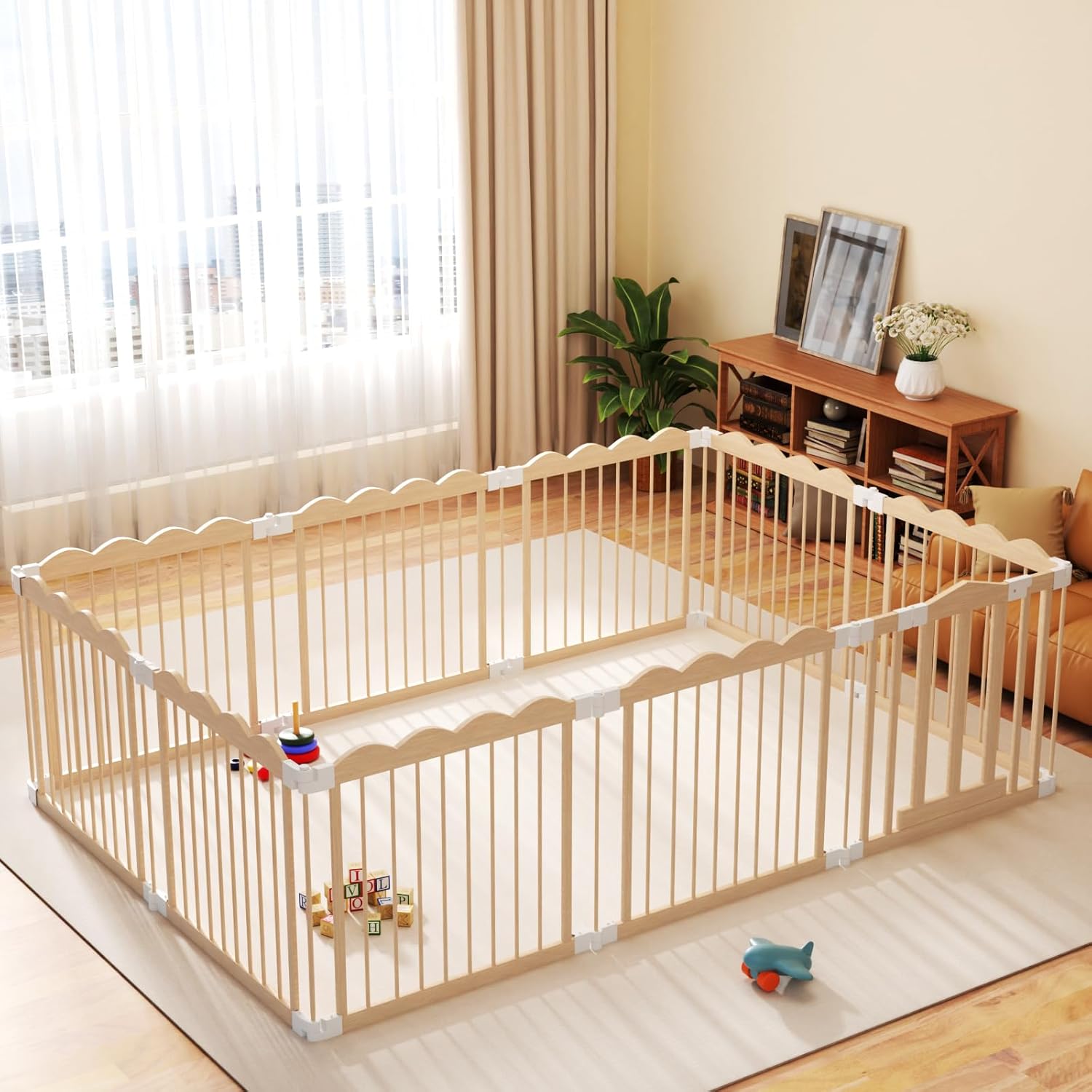 Foldable Baby Playpen Natural Wood Playpen for Babies,Toddlers,Kids Portable Infant Play pens with Door Extra Large Toddler Wood Fence Play Area