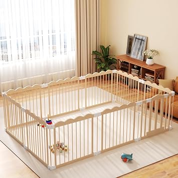 Foldable Baby Playpen Natural Wood Playpen for Babies,Toddlers,Kids Portable Infant Play pens with Door Extra Large Toddler Wood Fence Play Area