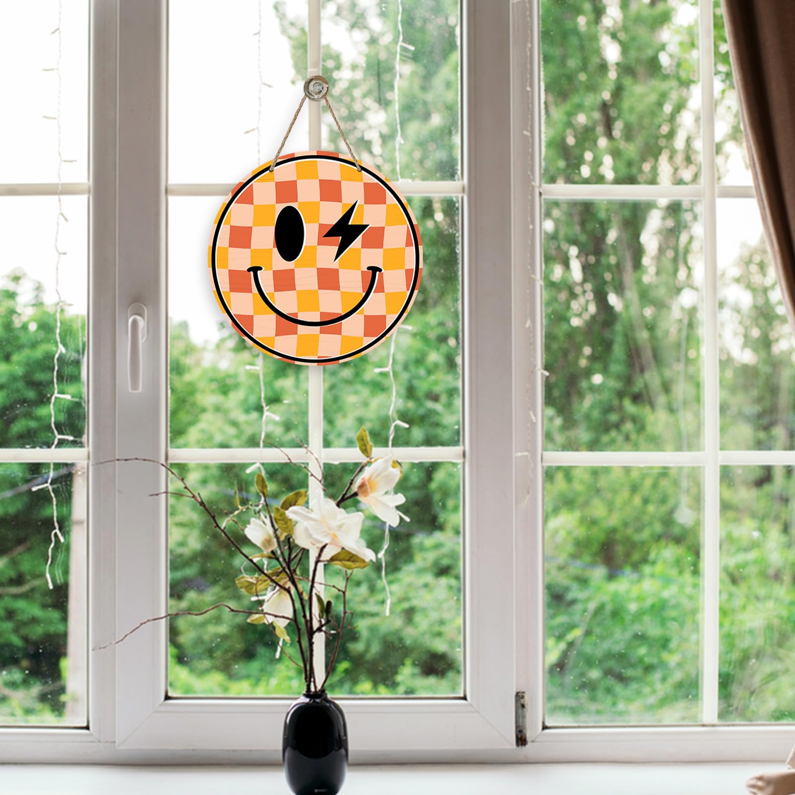 Deroro Smiley Face Wood Door Sign – Cute Orange Plaid Front Door Hanger For Porch, Farmhouse, Indoor & Outdoor Decor
