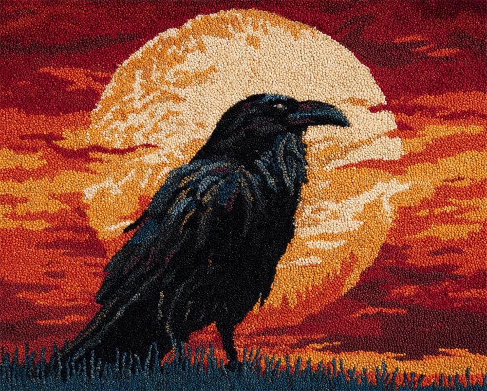 Kitquiver Latch Hook Kits for Adults Rug Full Moon Crow Crafts Crochet Yarn with Pre-Printed DIY Handmade Embroidery Needlework for Home Decoration 23X35In