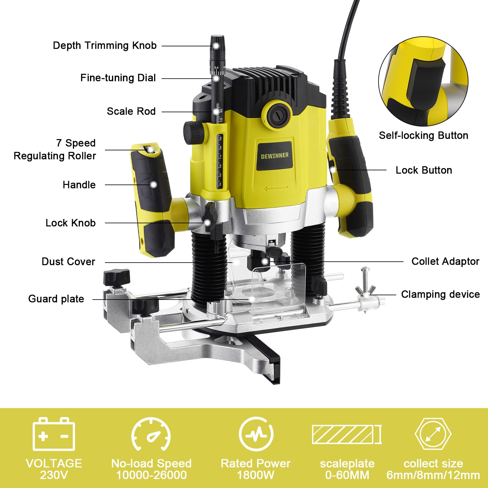 Fresatrice Verticale Legno 1800 W 10000-26000 giri/min DEWINNER, Fresatrice per Legno con Set di 12 frese,7 Velocità,Pinza 6/8/12 mm, Regolazione Della Profondità Della Fresa, Borsa di Tela