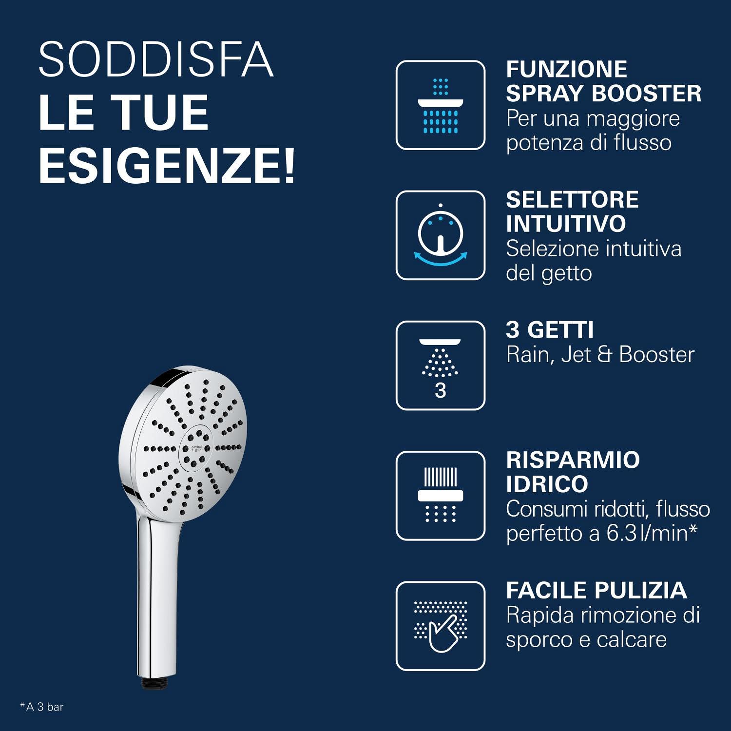 GROHE Vitalio Joy+ 120 Doccino doccia con 3 getti: pioggia, getto, booster (risparmio idrico 6,3 l/min, protezione antiscottatura, sistema di montaggio universale), cromata, 1348630000