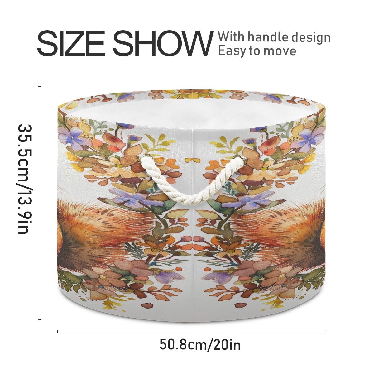 Round Storage Basket Cute Squirrel with Floral Circle Open Home Storage Bin 20 * 13.9in