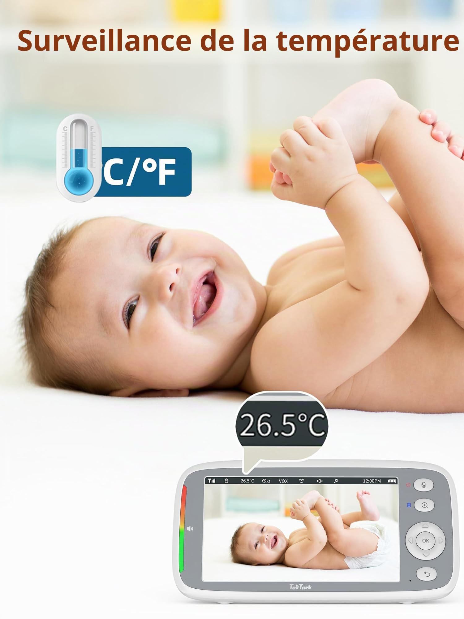 TakTark Babyphone Camera, 5'' IPS-Écran 720P HD Baby Monitor Video Babyphone Pan-Tilt 300° Camera Bebe, 3050mAh, Vision Nocturne, VOX, Communication Bidirectionnelle, Capteur de Température