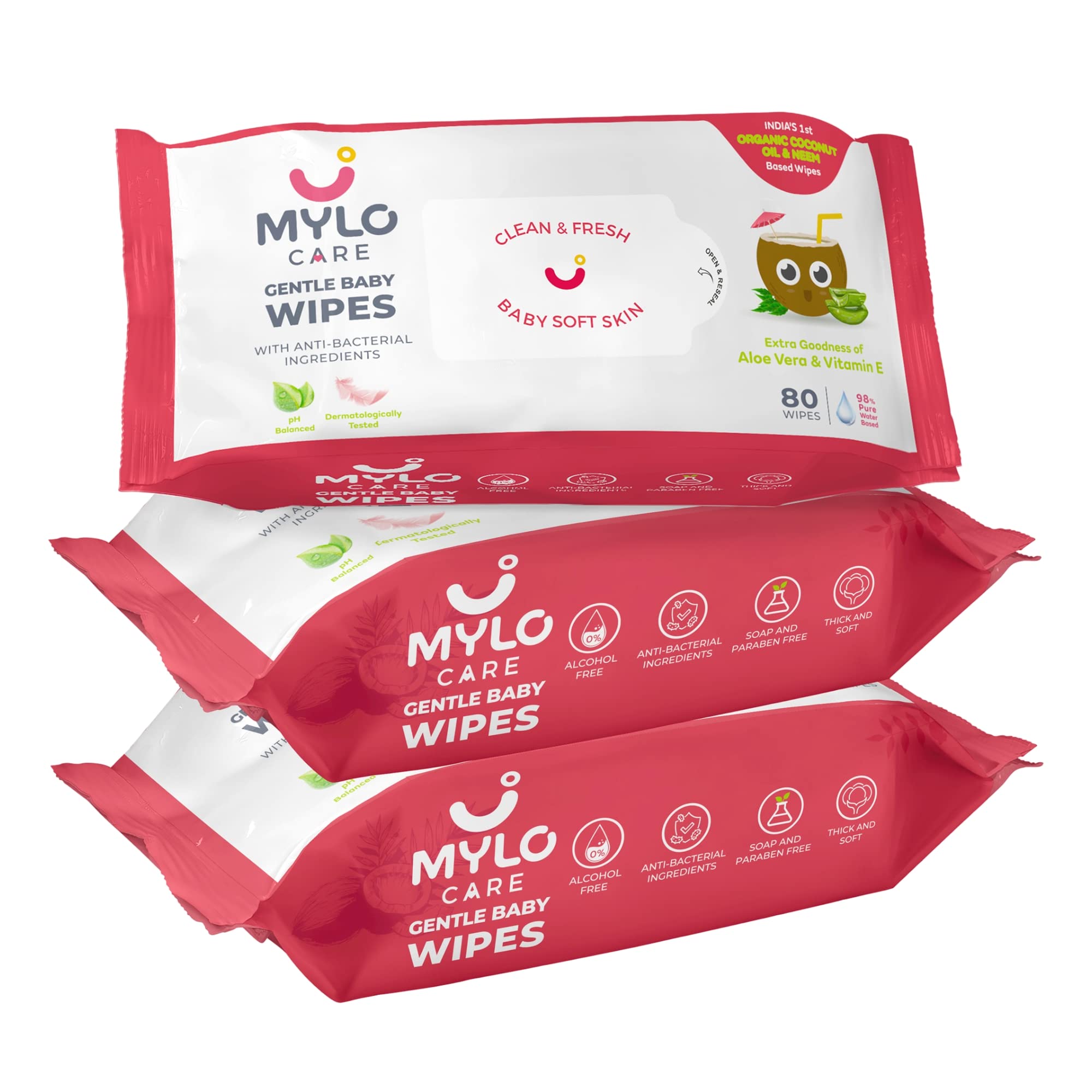 Mylo Gentle Baby Wipes Non-Lid (Pack of 3) | 80 Wipes per Pack | Organic Coconut Oil, Neem, Aloe Vera and Vitamin E | 98% Pure Water (B095Z1CG9X) Amazon Price History, Amazon Price Tracker