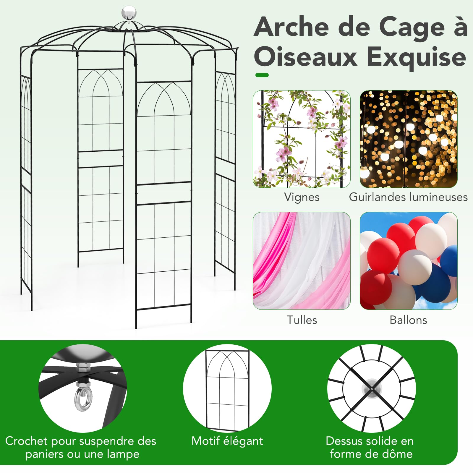 GOPLUS Arche de Jardin Forme de Cage à Oiseaux, Treillis Plantes Grimpantes 286 x φ 206 cm, Crochet de Suspension, Arche Rosier Décoration de Fête, Cérémonie de Mariage, Charge 10KG Noir