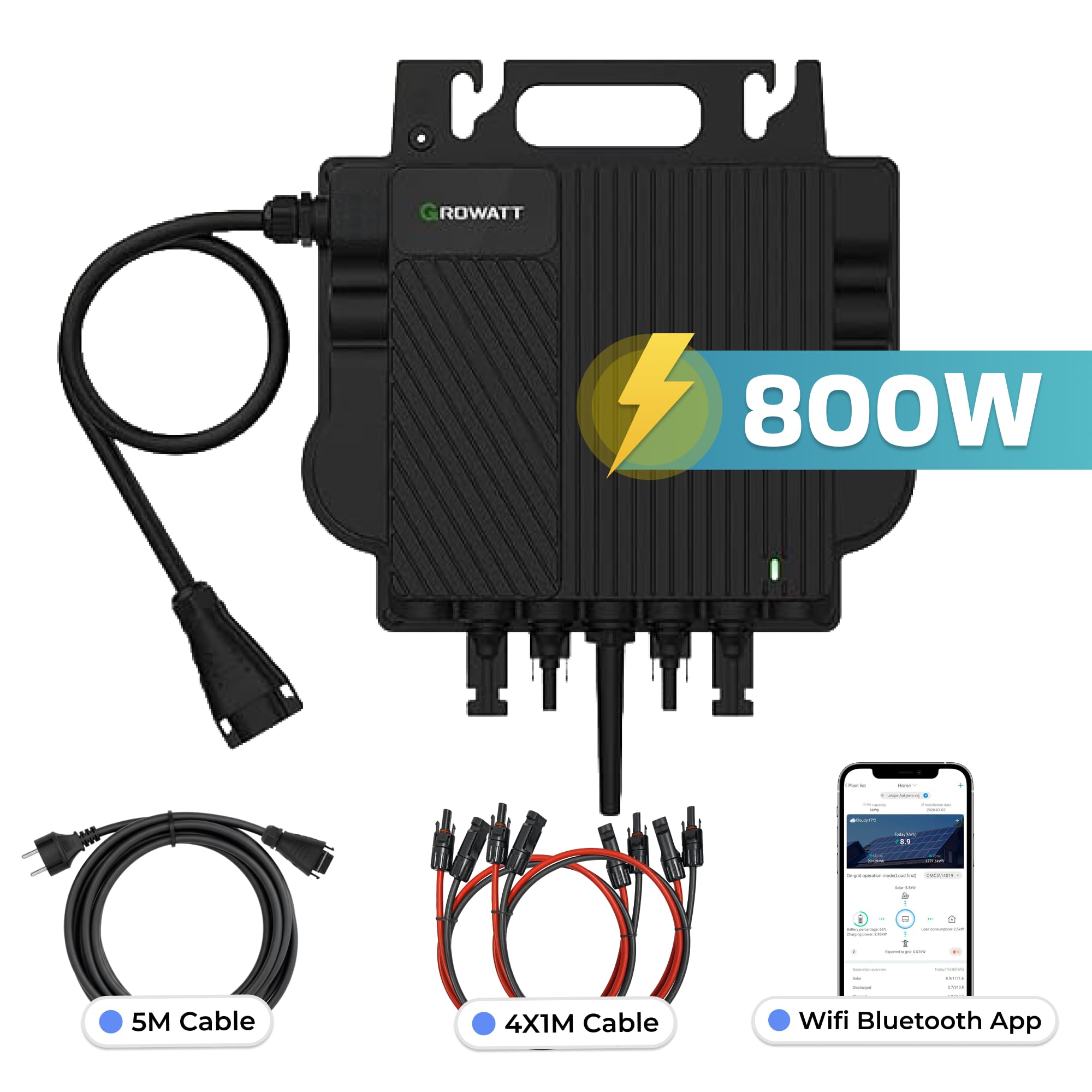 GROWATT Mikro-Wechselrichter 800 W NEO‑800M‑X für Balkonkraftwerk, IP67 wetterfest, Plug&Play Installation, 2 MPPT, WiFi Bluetooth, inkl.5m Anschlusskabel und 4x1m Solarkabel