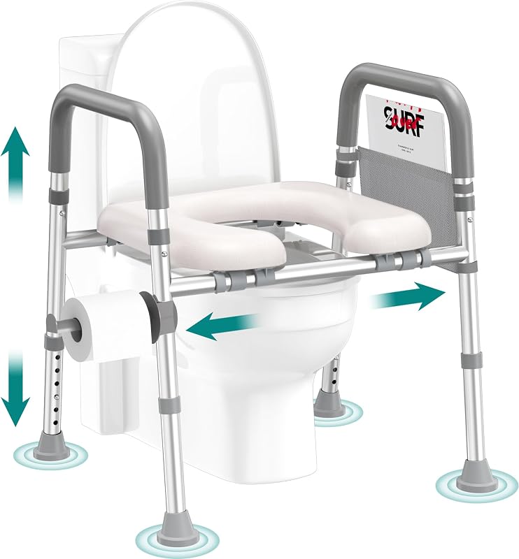 soundfuse Toilet Seat Risers for Seniors with Handles & Cozy Padded Seat | Adjustable Height & Width, 400lb, Durable Aluminum Frame, Handicap Elevated Raised Toilet Seat for Elderly, Fits Any Toilet