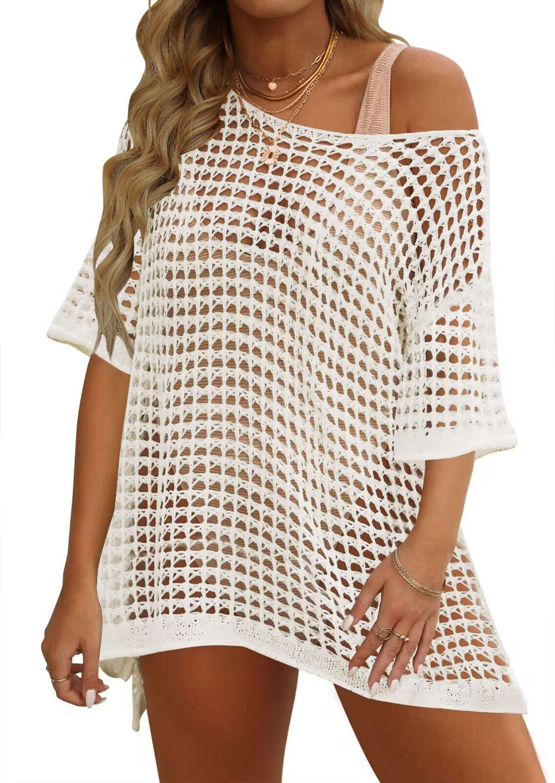 ZESICAWomen's 2024 Summer Crochet Swimsuit Cover Ups Short Sleeve Mesh Hollow Out Beach Bikini Oversised Tunic Tops