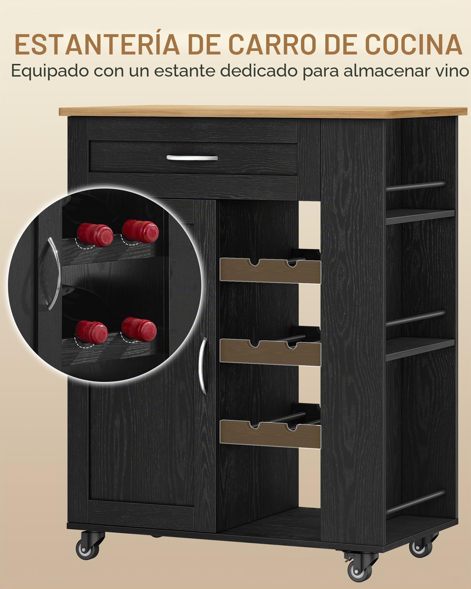Hzuaneri Isla Cocina de 3 Niveles, Carrito Cocina, 40 x 68 x 86 cm, Negro | Mueble de Almacenamiento Multifuncional para Cocina con Cajones y Estantes, Apto para Sala de Estar o Comedor, ST03004B