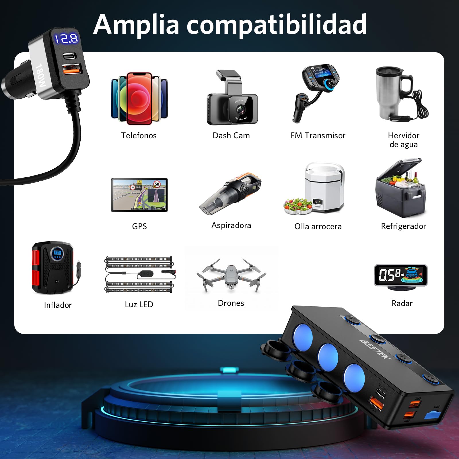 BESTEK Cargador de Coche 180 W, Cargador Coche USB-C PD USB QC3.0, Adaptador Mechero Coche 12V/24V con 3 Tomas de Mechero 6 Puertos USB con Pantalla LED para iPhone Dash CAM