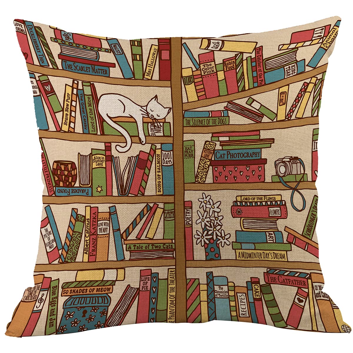 Cansego Women's Cat Book Cushion Covers Cartoon Library Bookshelf With Cute Sleeping Kitten Square Pillowcases Cotton Linen Throw Pillow For Men Boys Girls Bed 18X18 Inch Multi-A21
