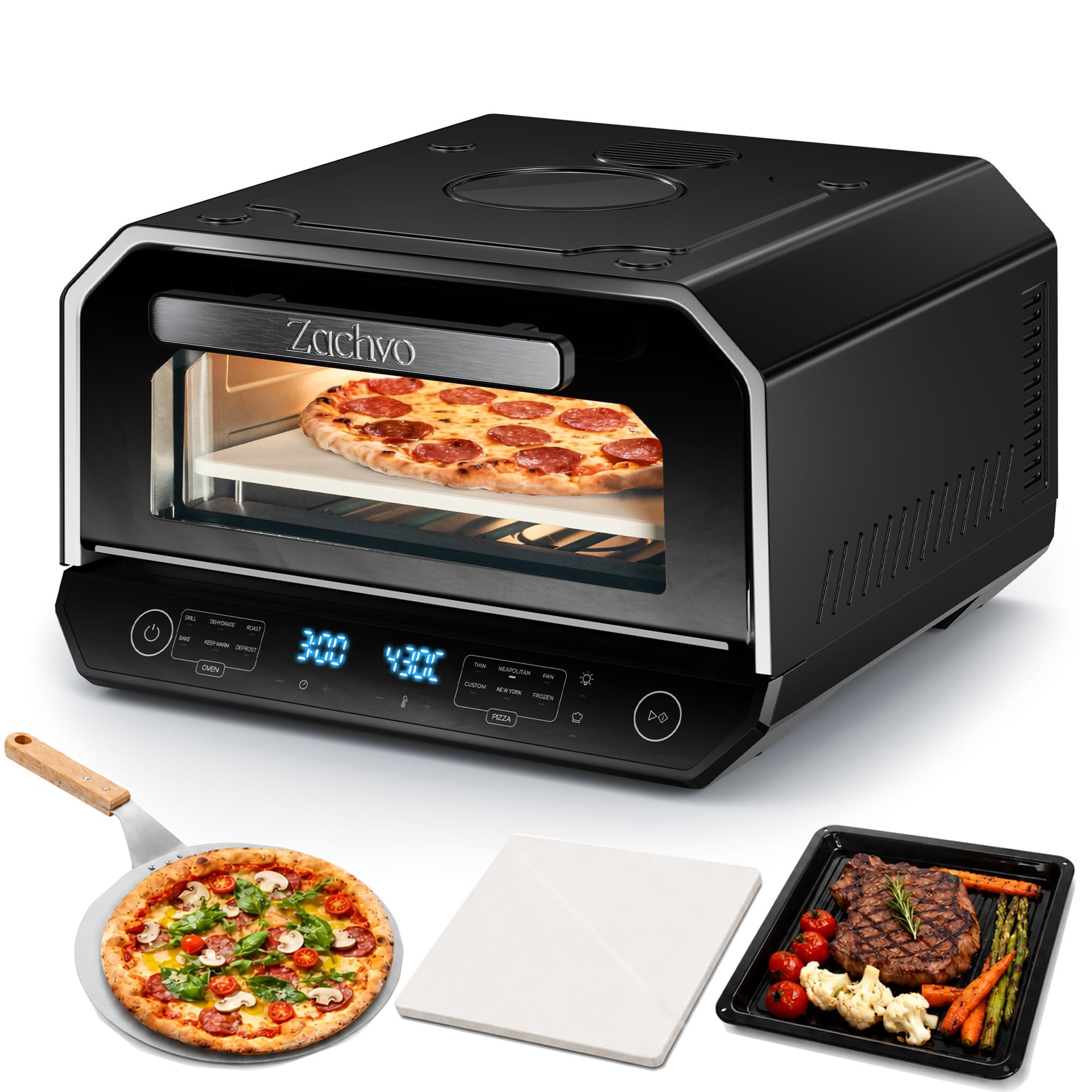 Pizzaofen Elektrisch 450°C – Neapolitanische Pizza in 90 Sek, Sichtfenster & Innenbeleuchtung, 6 Programme & & 6 Kochmodi, Profi-Koch-Modus, Pizzaschaufel & Pizzastein & Backblech