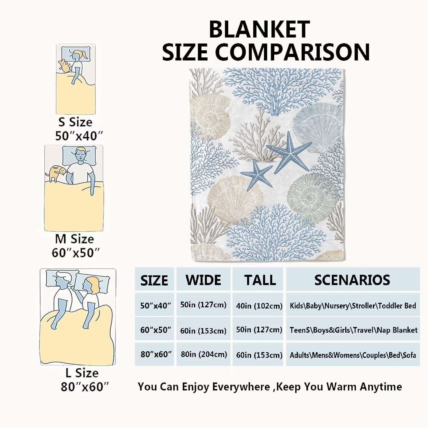 Nautical Beach Flannel Throw Blanket 50x60 Inch, Blue Beige Coral Seashell Starfish Ocean Decor, Soft Sea Fleece Blankets for Sofa Couch Bedroom, Coastal Home Decorative Gifts for Marine Lovers
