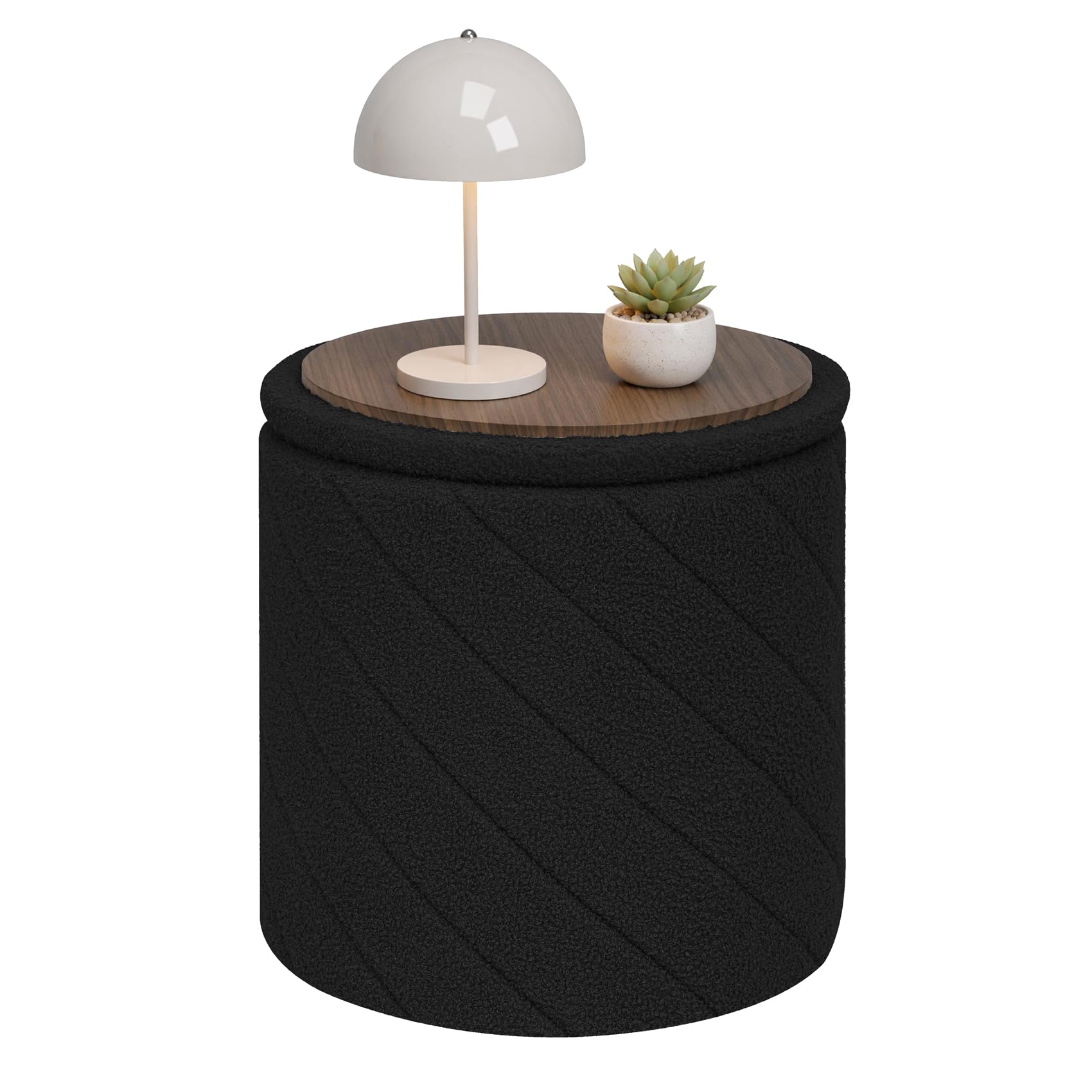 Bonlife Round Ottoman Stool with Storage, Folding Footstool with Lid,Boucle Vanity Stool for Living Room,Bedroom,Entryway,Black,43x43x45cm