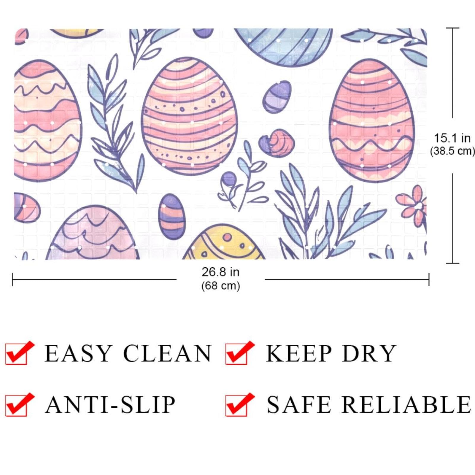 Doodle Tapis de bain rectangulaire antidérapant avec ventouses Motif œufs de Pâques avec fleurs et plantes Lavable en machine 40 x 70 cm
