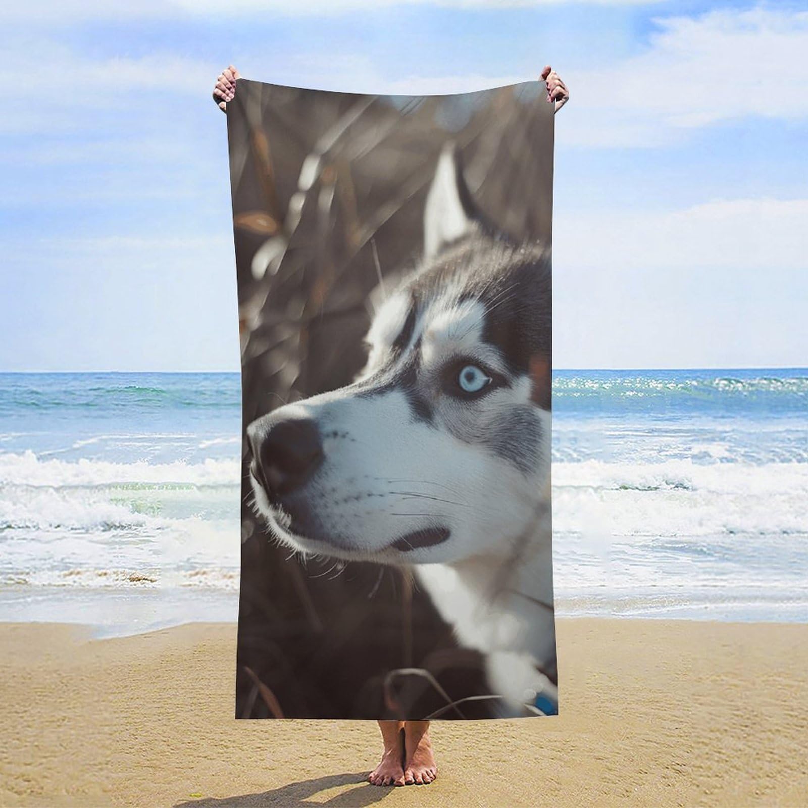NTVOWPZO Blue Eyed Husky Dog Beach Towel Oversized Microfiber Bath Towels Lightweight Sand Proof Beach Towels Absorbent Pool Towels for Swimming Yoga Bathroom Towel 31.5" X 63"