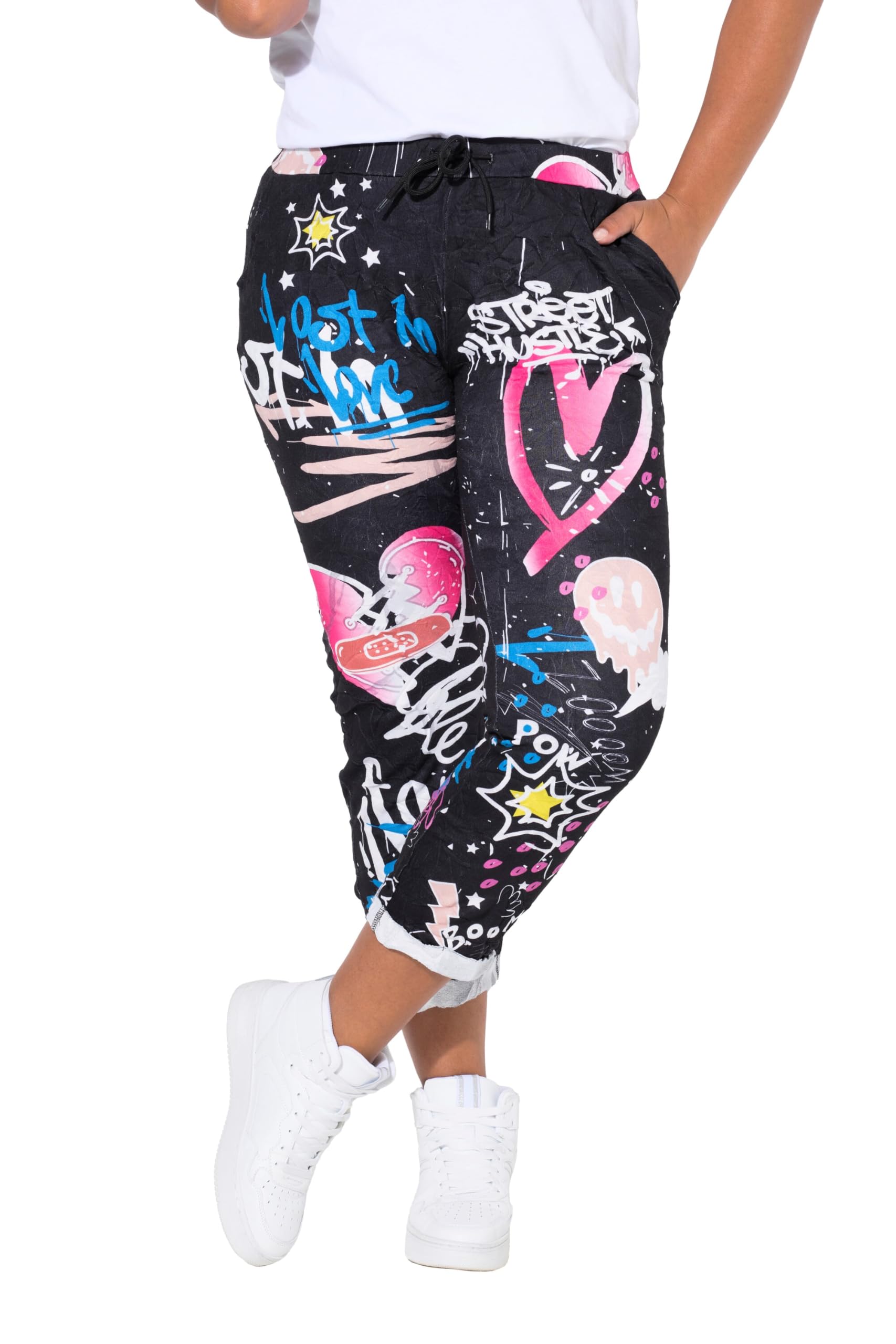 Angel of Style Damen große Größen Übergrößen Plus Size Crinkle-Hose, Joggpants, Crinkle mit Grafitti, Elastikbund 838052