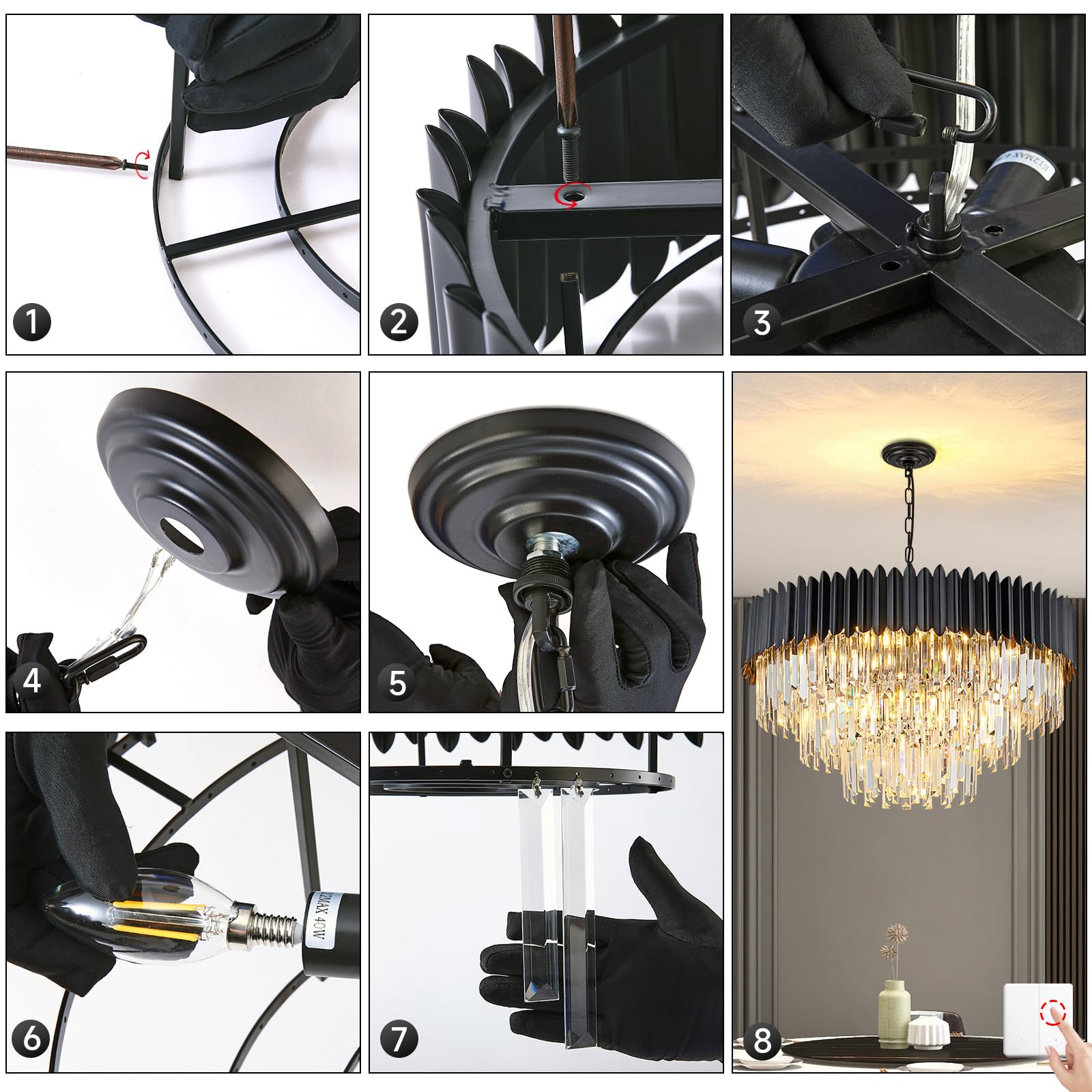 Moderna luce a sospensione di cristallo di lusso, lampadario di cristallo nero, 15xE14 Luce del lampadario a goccia Luce a soffitto a incasso per la sala da pranzo, Φ80cm