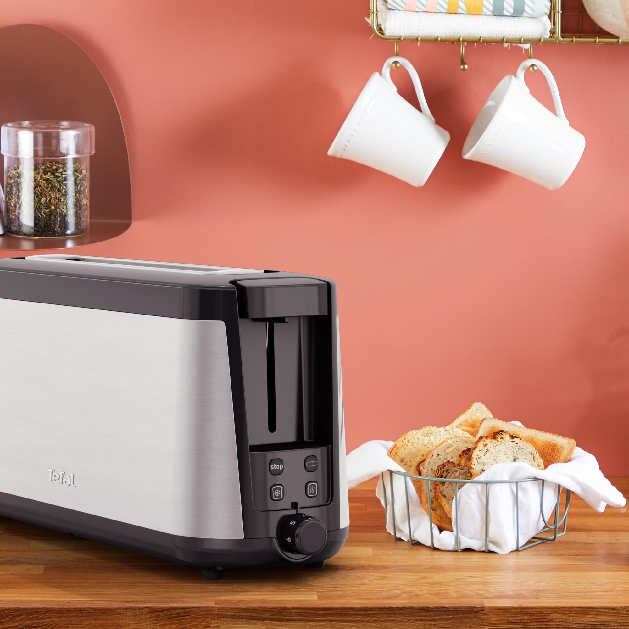 Tefal Element, Grille-pain, Fente longue, Grille-pain inox noir avec support à viennoiseries, Fonctions Réchauffage et Décongélation, TL430811