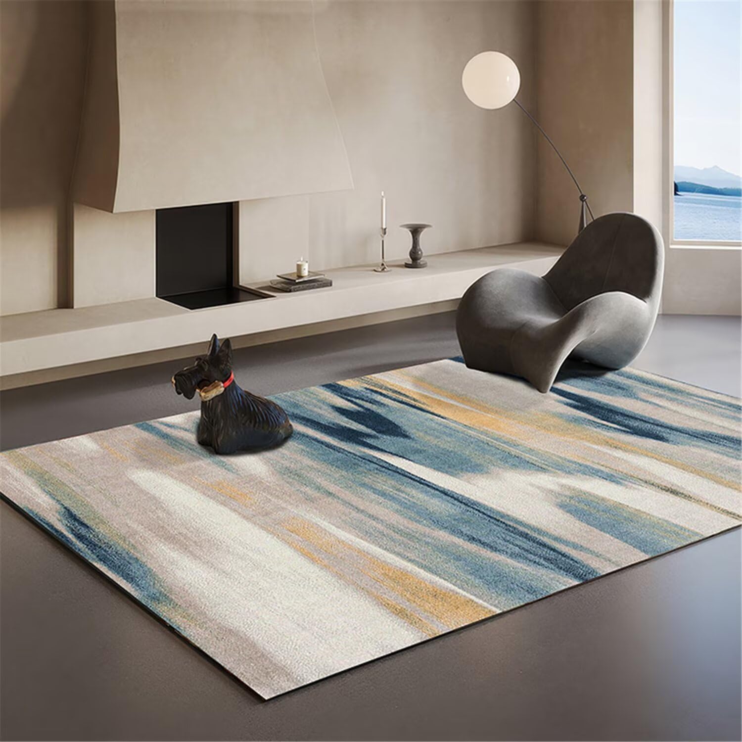 Tapis entrée salon moderne 200x300cm lavable gris bleu jaune