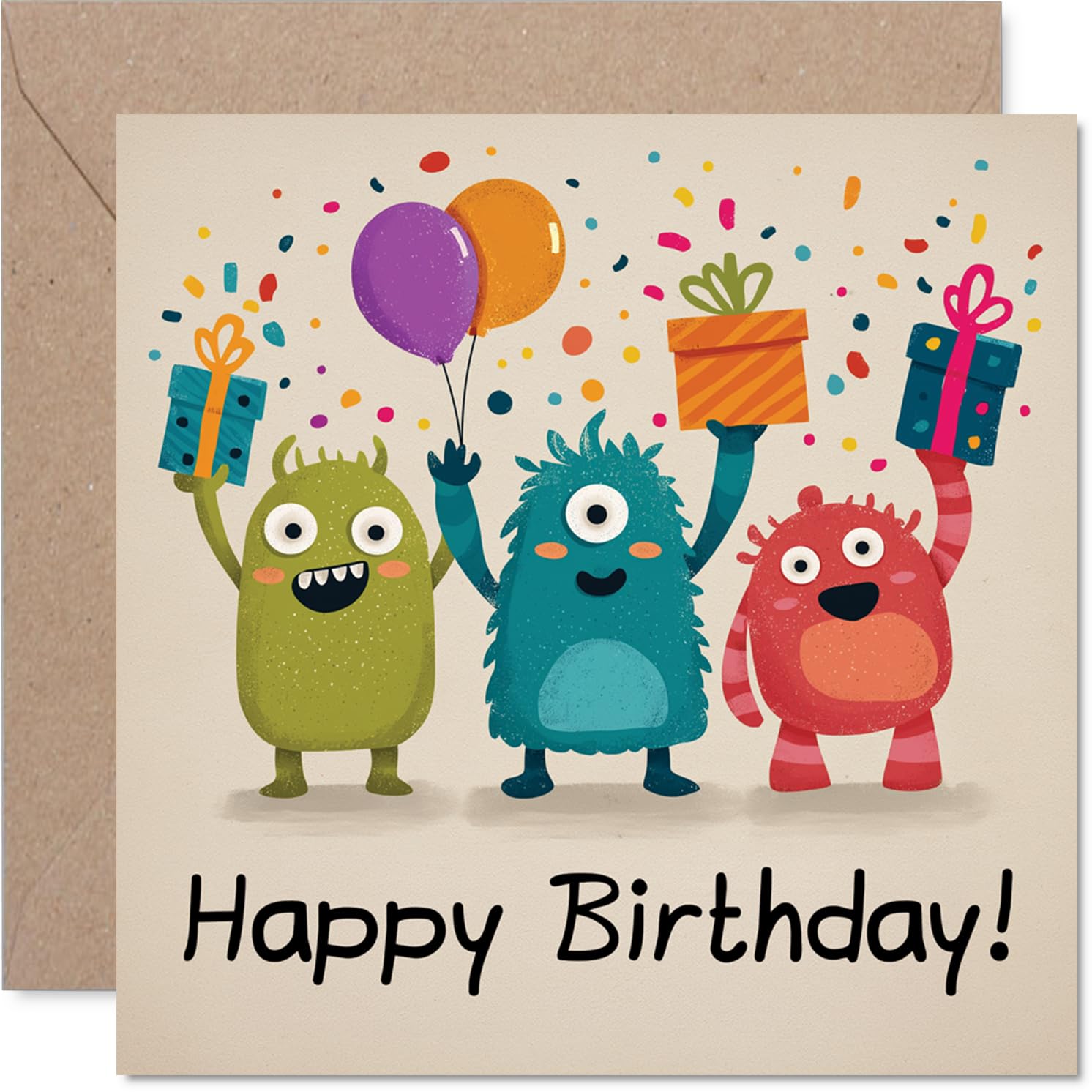 Playful Birthday Card - Monstrously Good Fun - Colourful Monsters with Balloons and Presents - Festive Chaos to Make Them Grin - 145mm Square, Envelope Included