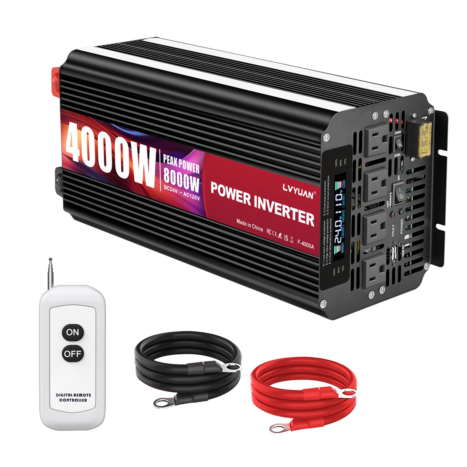 LVYUAN 4000 Watt Power Inverter 24V to 110V 120V for Vehicle, Solar Inverter System, Heavy Duty, RV, Truck, Off Grid,Camping with 4 AC Outlets, LCD Display, Wireless Remote Control, Car Power Inverter