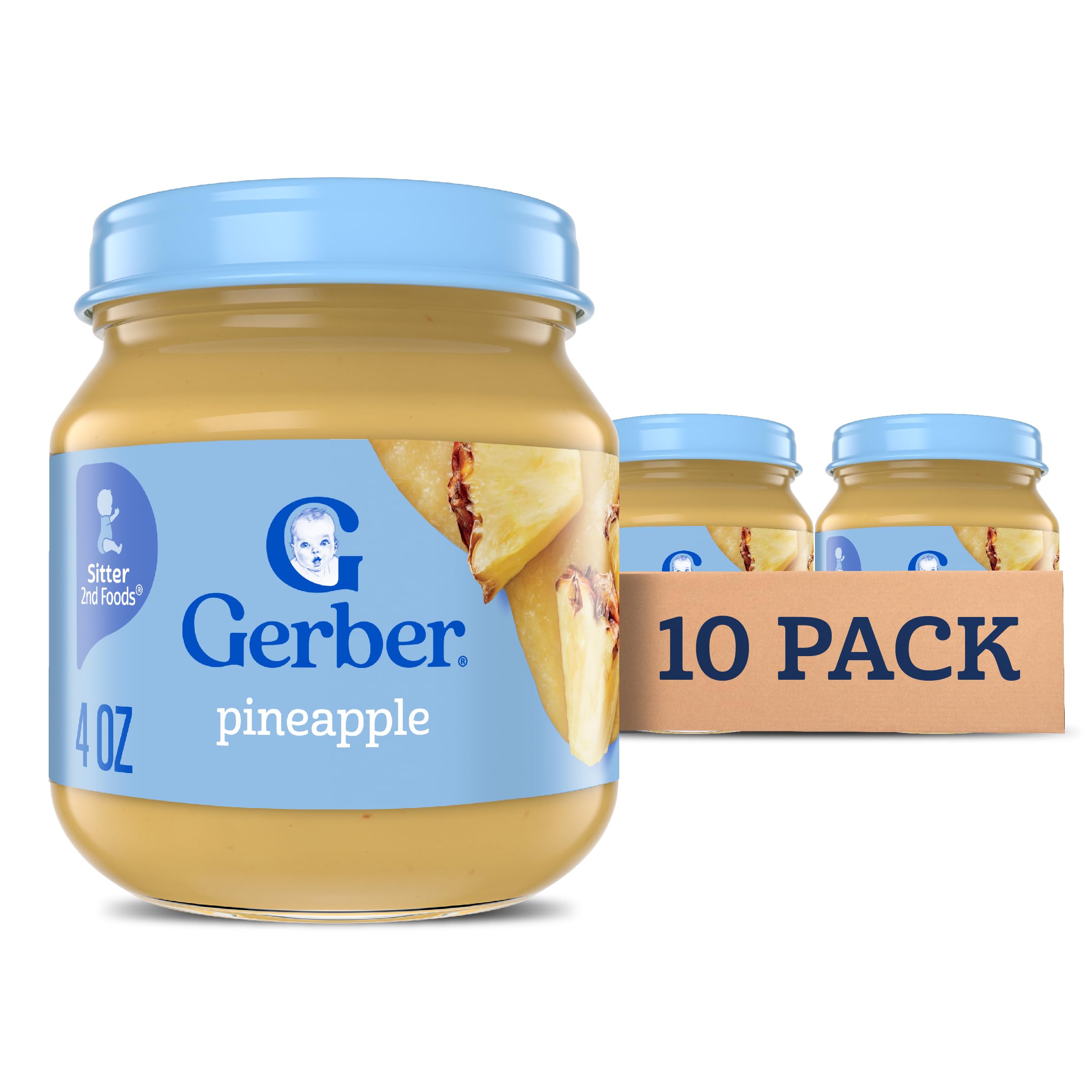GerberStage 2 Baby Food, Pineapple Jar, Fruit Puree, Vitamin C, Non-GMO, Baby Food Fruit, Puree Jars Glass, 10-pack